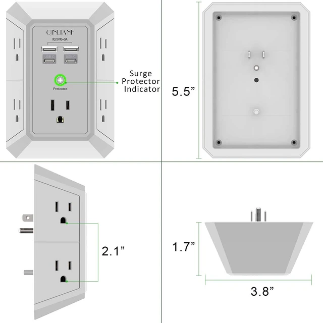 Alt view image 7 of 7 - Surge Protector, 5 Outlet Extender with 4 USB Ports(2USB-C) 1680 Joules, 3-Sided Power Strip, Multi Plug Wall Outlet Adapter Spaced for Home Travel, Grey