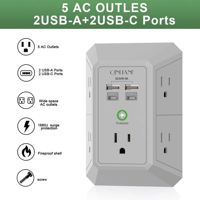 Alt view image 2 of 7 - Surge Protector, 5 Outlet Extender with 4 USB Ports(2USB-C) 1680 Joules, 3-Sided Power Strip, Multi Plug Wall Outlet Adapter Spaced for Home Travel, Grey