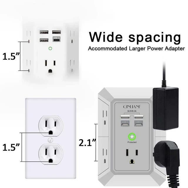 Alt view image 6 of 7 - Surge Protector, 5 Outlet Extender with 4 USB Ports(2USB-C) 1680 Joules, 3-Sided Power Strip, Multi Plug Wall Outlet Adapter Spaced for Home Travel, Grey