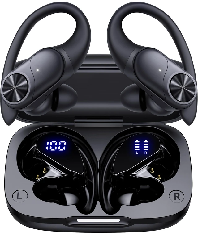 Main image of Bluetooth Headphones Wireless Earbuds 80hrs Playtime Wireless Charging Case Digital Display Sports Ear Buds with Earhook Deep Bass IPX7 Waterproof Over-Ear Earphones for TV Phone Laptop Black