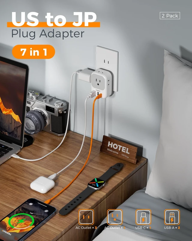 Alt view image 3 of 7 - 2 Prong to 3 Prong Outlet Adapter 2 Pack, US to Japan Plug Adapter 4 Outlets 3 USB (1 USB C PD 20W), Outlet Adaptor US to Japan China Mexico Philippines Canada Peru Thailand Vietnam