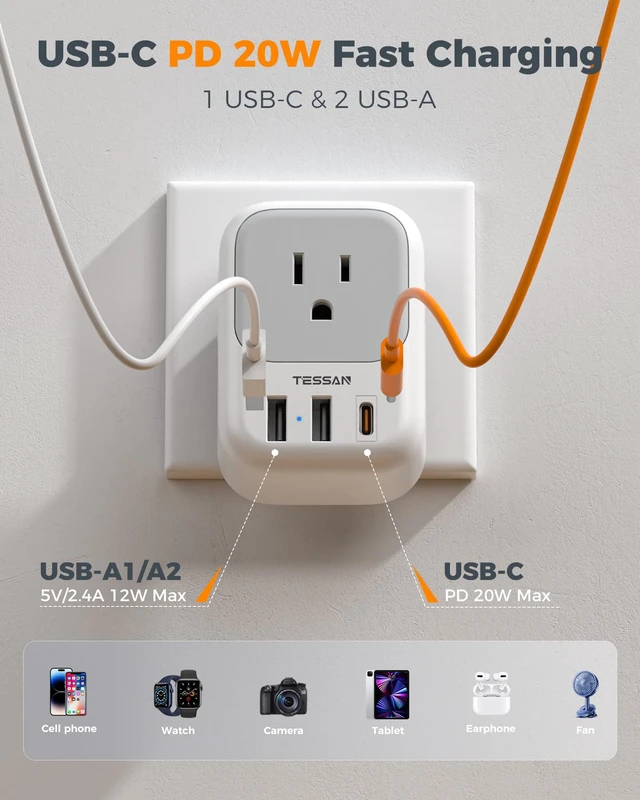 Alt view image 4 of 7 - 2 Prong to 3 Prong Outlet Adapter 2 Pack, US to Japan Plug Adapter 4 Outlets 3 USB (1 USB C PD 20W), Outlet Adaptor US to Japan China Mexico Philippines Canada Peru Thailand Vietnam