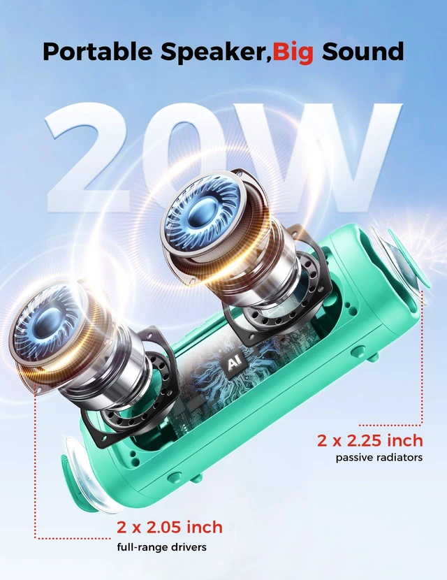 Alt view image 2 of 7 - Bluetooth Speaker, 20W HD Sound, Portable Wireless, IPX5 Waterproof, Up to 24H Playtime, TWS Pairing, for Home/Party/Outdoor/Camping/Beach Essentials, Electronic Gadgets, Birthday Gift (Teal)
