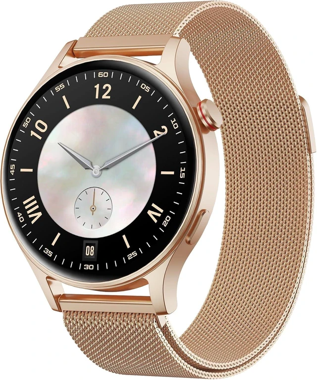Main image of Smart Watch for Women, Compatible with Android Phones iPhone (Bronze) Stainless Steel Band & Bezel, AMOLED Display, Touchscreen, Make/Answer Calls, 3ATM Waterproof, Fitness Tracker