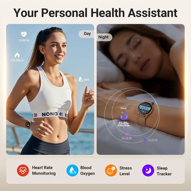 Alt view image 5 of 7 - Smart Watch for Women, Compatible with Android Phones iPhone (Bronze) Stainless Steel Band & Bezel, AMOLED Display, Touchscreen, Make/Answer Calls, 3ATM Waterproof, Fitness Tracker