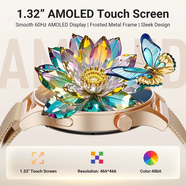Alt view image 2 of 7 - Smart Watch for Women, Compatible with Android Phones iPhone (Bronze) Stainless Steel Band & Bezel, AMOLED Display, Touchscreen, Make/Answer Calls, 3ATM Waterproof, Fitness Tracker