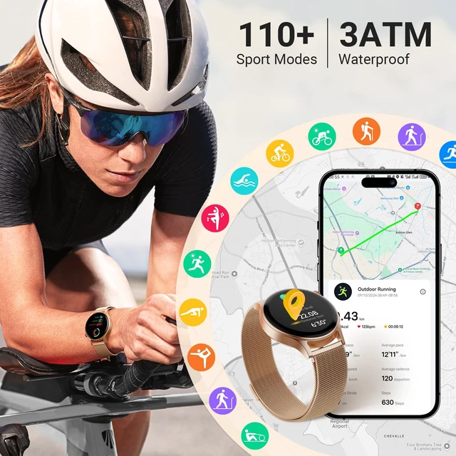 Alt view image 6 of 7 - Smart Watch for Women, Compatible with Android Phones iPhone (Bronze) Stainless Steel Band & Bezel, AMOLED Display, Touchscreen, Make/Answer Calls, 3ATM Waterproof, Fitness Tracker