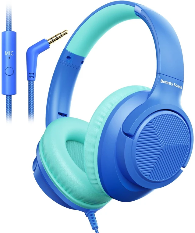 Main image of Headphones Wired with Microphone for School, 3.5mm Corded Headphones, Blue Wired Over Ear Foldable Plug in Headphones, 4.9ft Tangle-Free Nylon Cord for School, Tablet, Laptop, MP3/4, Airplane Travel