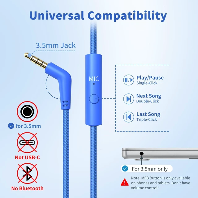 Alt view image 2 of 7 - Headphones Wired with Microphone for School, 3.5mm Corded Headphones, Blue Wired Over Ear Foldable Plug in Headphones, 4.9ft Tangle-Free Nylon Cord for School, Tablet, Laptop, MP3/4, Airplane Travel