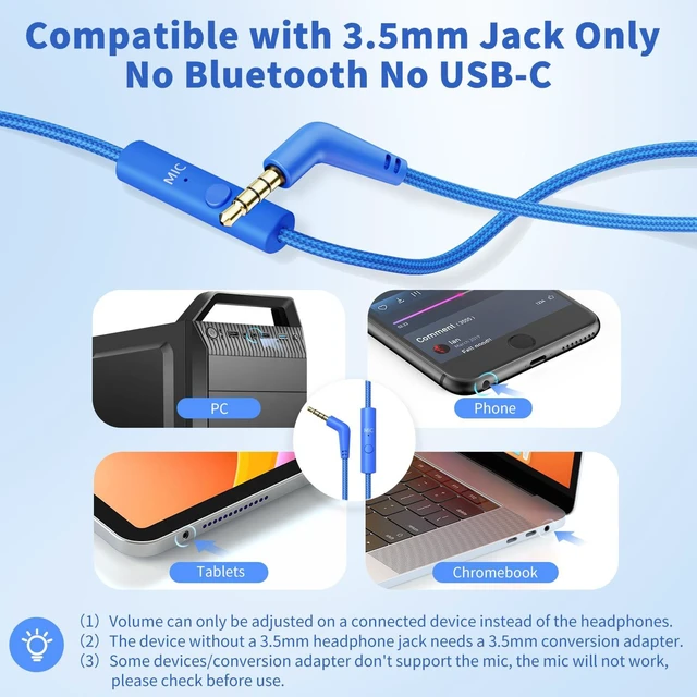 Alt view image 3 of 7 - Headphones Wired with Microphone for School, 3.5mm Corded Headphones, Blue Wired Over Ear Foldable Plug in Headphones, 4.9ft Tangle-Free Nylon Cord for School, Tablet, Laptop, MP3/4, Airplane Travel