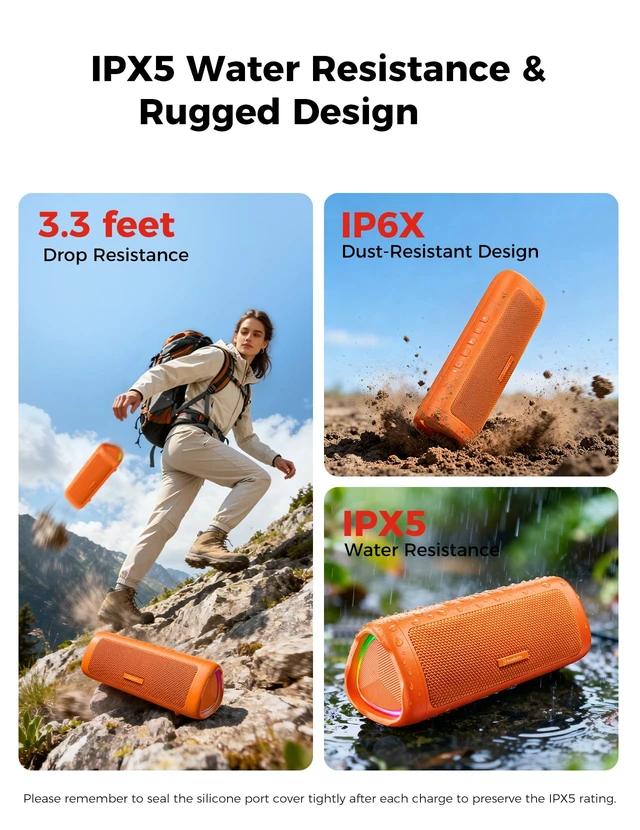 Alt view image 4 of 7 - Bluetooth Speaker, 20W HD Sound, Portable Wireless, IPX5 Waterproof, Up to 24H Playtime, TWS Pairing, for Home/Party/Outdoor/Camping/Beach Essentials, Electronic Gadgets, Birthday Gift (Orange)