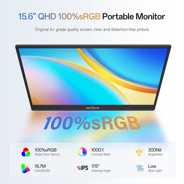 Alt view image 2 of 7 - 2K Portable Monitor 15.6" QHD 100% sRGB, Built-in 180° Adjustable Stand Travel Monitor USB C Standard HDMI Ultra-Slim Portable Monitor for Laptop MacBook Phone PS5 Xbox Switch