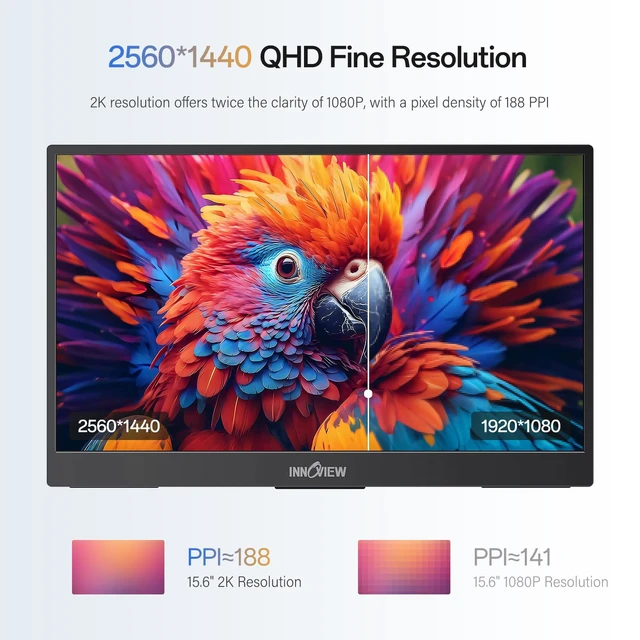 Alt view image 3 of 7 - 2K Portable Monitor 15.6" QHD 100% sRGB, Built-in 180° Adjustable Stand Travel Monitor USB C Standard HDMI Ultra-Slim Portable Monitor for Laptop MacBook Phone PS5 Xbox Switch