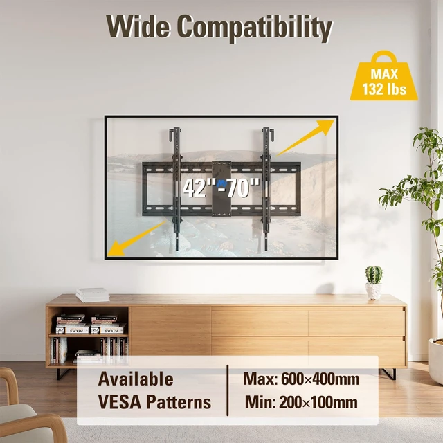 Alt view image 5 of 7 - Tilt TV Wall Mount for 42-70 Inch TVs, Tilt Up to 20 Degrees Fits VESA 200x100 to 600x400mm, up to 132 LBS Loading, Fits 16", 18", 24" Studs, MD2165-LK