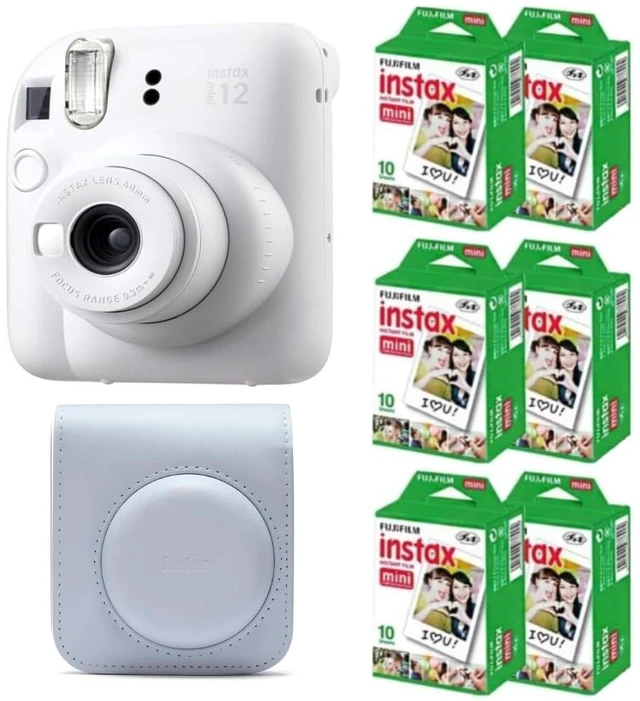Main image of Instax Mini 12 Instant Film Camera (Clay White w/Case + Extra Film, Compact)