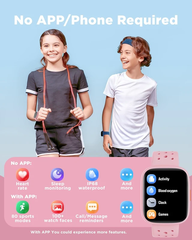 Alt view image 2 of 7 - Kids Smart Watch No Phone Needed, 1.8" Fitness Tracker Watch | Pedometer, Heart Rate, Sleep Monitor, IP68 Waterproof, Step Counter, Puzzle Games for Girls Teens 5-16, Pink