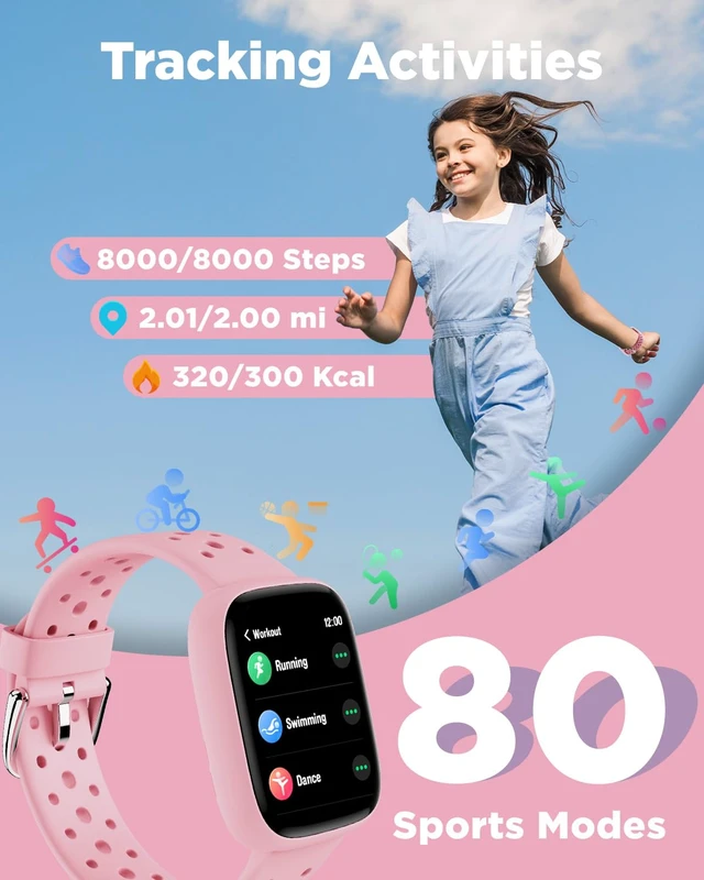 Alt view image 3 of 7 - Kids Smart Watch No Phone Needed, 1.8" Fitness Tracker Watch | Pedometer, Heart Rate, Sleep Monitor, IP68 Waterproof, Step Counter, Puzzle Games for Girls Teens 5-16, Pink