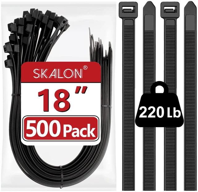Main image of Large Zip Ties 18 Inch (500 Pack) - Heavy Duty, 220 lb Tensile Strength, Black Cable Ties, Extra Long Wire Ties