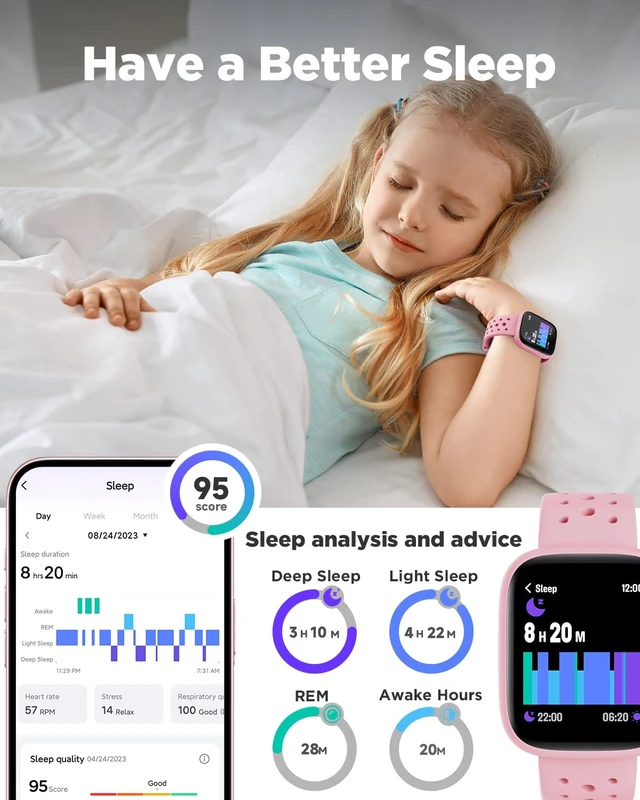Alt view image 4 of 7 - Kids Smart Watch No Phone Needed, 1.8" Fitness Tracker Watch | Pedometer, Heart Rate, Sleep Monitor, IP68 Waterproof, Step Counter, Puzzle Games for Girls Teens 5-16, Pink