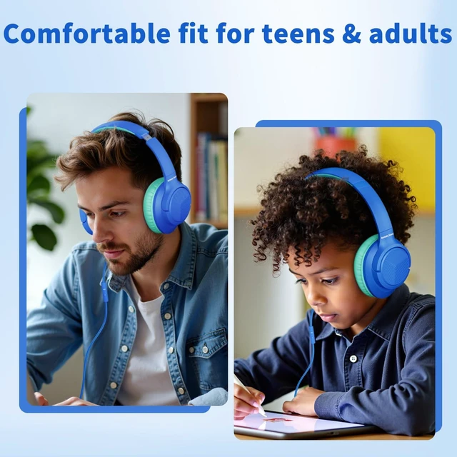 Alt view image 5 of 7 - Headphones Wired with Microphone for School, 3.5mm Corded Headphones, Blue Wired Over Ear Foldable Plug in Headphones, 4.9ft Tangle-Free Nylon Cord for School, Tablet, Laptop, MP3/4, Airplane Travel