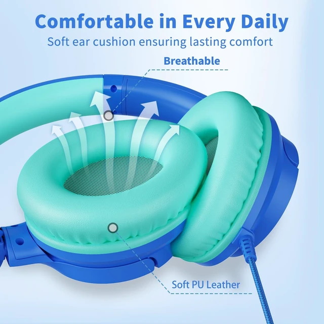 Alt view image 6 of 7 - Headphones Wired with Microphone for School, 3.5mm Corded Headphones, Blue Wired Over Ear Foldable Plug in Headphones, 4.9ft Tangle-Free Nylon Cord for School, Tablet, Laptop, MP3/4, Airplane Travel