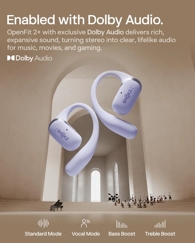 Alt view image 4 of 7 - OpenFit 2+ Open-Ear Earbuds, Purple, Dolby Audio,Wireless Charging Exclusive Color; Dynamic sound; Secure fit; Soft comfort48H Playtime; fast charging; IP55; Gym/Outdoor/Home Leisure