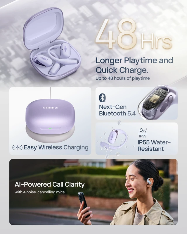 Alt view image 6 of 7 - OpenFit 2+ Open-Ear Earbuds, Purple, Dolby Audio,Wireless Charging Exclusive Color; Dynamic sound; Secure fit; Soft comfort48H Playtime; fast charging; IP55; Gym/Outdoor/Home Leisure
