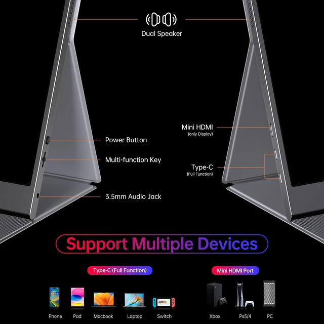 Alt view image 5 of 6 - 15.6" 4K UHD IPS HDR USB-C HDMI Monitor 15.6" 4K UHD IPS 100% RGB HDR, USB-C/HDMI, speakers+smart cover, for PC/Phone/PS5/Xbox/Switch, travel gaming