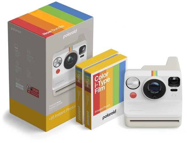 Main image of Now 3rd Generation I-Type Instant Camera + Film Bundle - Now Pebble White Camera + 16 Color Photos (6561)