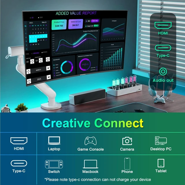 Alt view image 5 of 7 - Curved Monitor 27 inch 120Hz USB Type-C Computer Monitor with Speakers Built inFHD 1080pHDR110% sRGB1500RVESA Compatible,for Tablet,Desktop,Laptop and PC Work Gaming