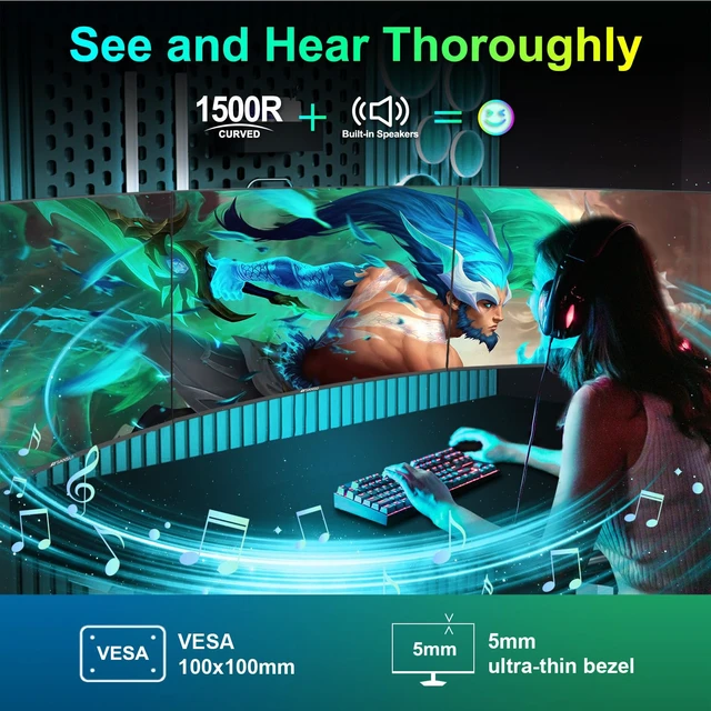 Alt view image 4 of 7 - Curved Monitor 27 inch 120Hz USB Type-C Computer Monitor with Speakers Built inFHD 1080pHDR110% sRGB1500RVESA Compatible,for Tablet,Desktop,Laptop and PC Work Gaming