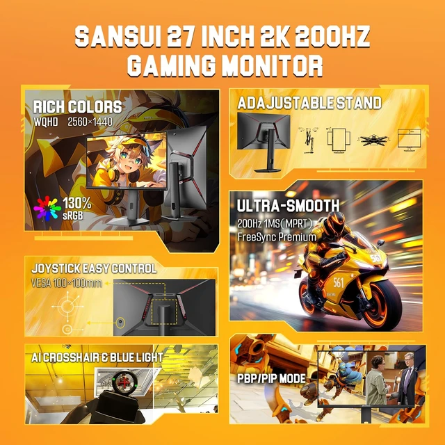 Alt view image 2 of 7 - Gaming Monitor 27 inch 1440p 200Hz 180Hz Computer Monitor 1ms Fast IPS, WQHD, FreeSync Premium, Brightness 400Nits, 130% sRGB, 10Bits, HDR, ErgoStand, VESA Mount, 2×DP 1.2 & 2×HDMI