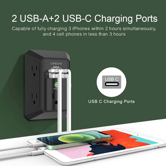 Alt view image 4 of 7 - Surge Protector, 5 Outlet Extender with 4 USB Ports(2USB-C) 1680 Joules, 3-Sided Power Strip, Multi Plug Wall Outlet Adapter Spaced for Home, Black