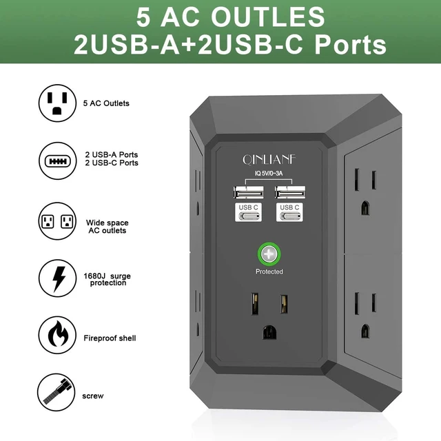 Alt view image 2 of 7 - Surge Protector, 5 Outlet Extender with 4 USB Ports(2USB-C) 1680 Joules, 3-Sided Power Strip, Multi Plug Wall Outlet Adapter Spaced for Home, Black