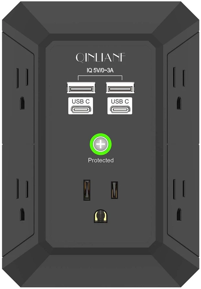 Main image of Surge Protector, 5 Outlet Extender with 4 USB Ports(2USB-C) 1680 Joules, 3-Sided Power Strip, Multi Plug Wall Outlet Adapter Spaced for Home, Black