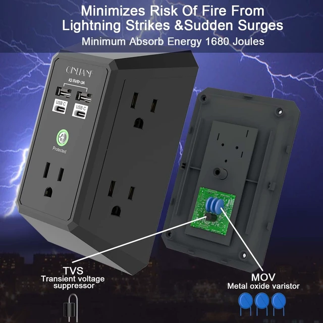 Alt view image 6 of 7 - Surge Protector, 5 Outlet Extender with 4 USB Ports(2USB-C) 1680 Joules, 3-Sided Power Strip, Multi Plug Wall Outlet Adapter Spaced for Home, Black