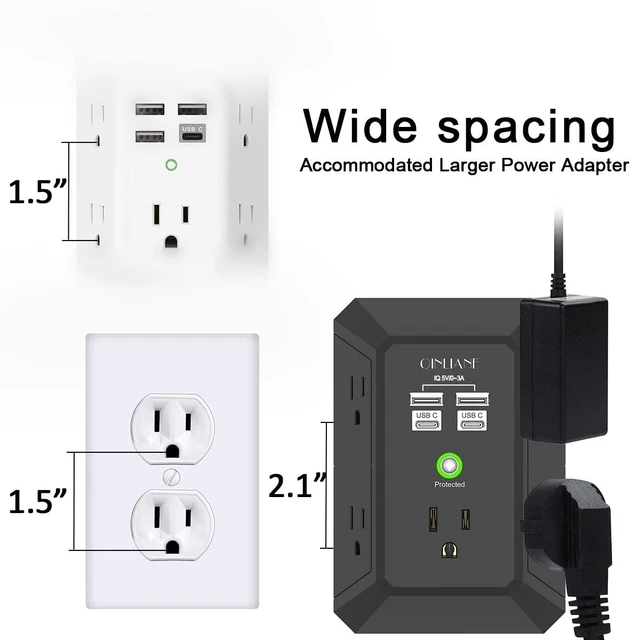 Alt view image 5 of 7 - Surge Protector, 5 Outlet Extender with 4 USB Ports(2USB-C) 1680 Joules, 3-Sided Power Strip, Multi Plug Wall Outlet Adapter Spaced for Home, Black