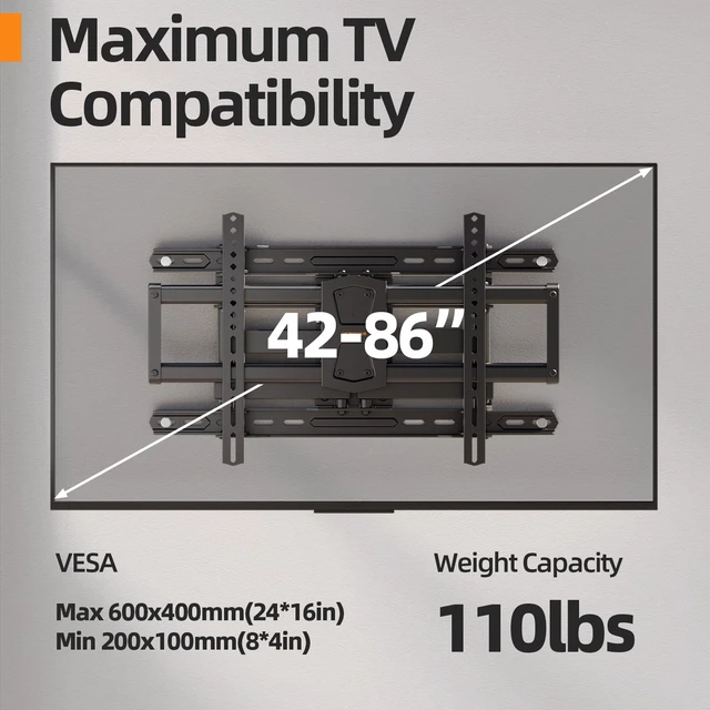 Alt view image 6 of 7 - 42-86 '' Full Motion TV Wall Mount 24 Inch Studs, Heavy Duty TV Mount 24 inch Studs, Swivel Tilt Extension Level, up to 110 lbs & 600x400mm VESA