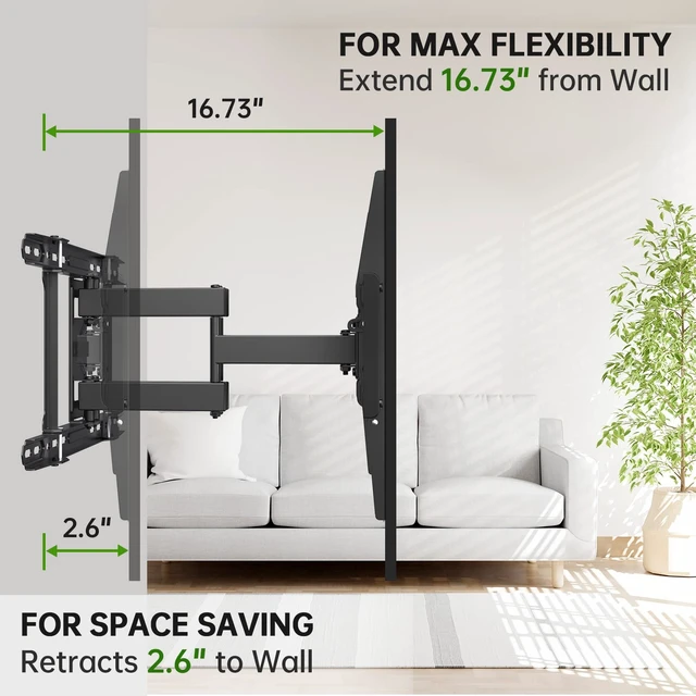 Alt view image 4 of 7 - Full Motion TV Wall Mount 42"-84" TVS, Fits 16" 18" or 24" Studs, Heavy Duty TV Mounts Bracket with Dual Articulating Arms Tilt Swivel Extension Max VESA 600x400mm, Weight Capacity 110lbs