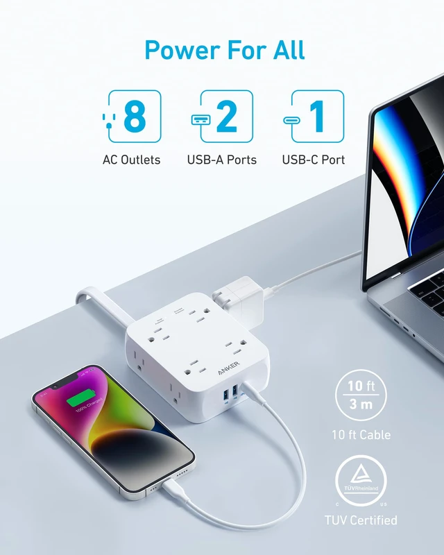 Alt view image 2 of 7 - Power Strip with 2000J Surge Protector, 10ft Outlet Extender, 20W 8AC (Pack of 2)