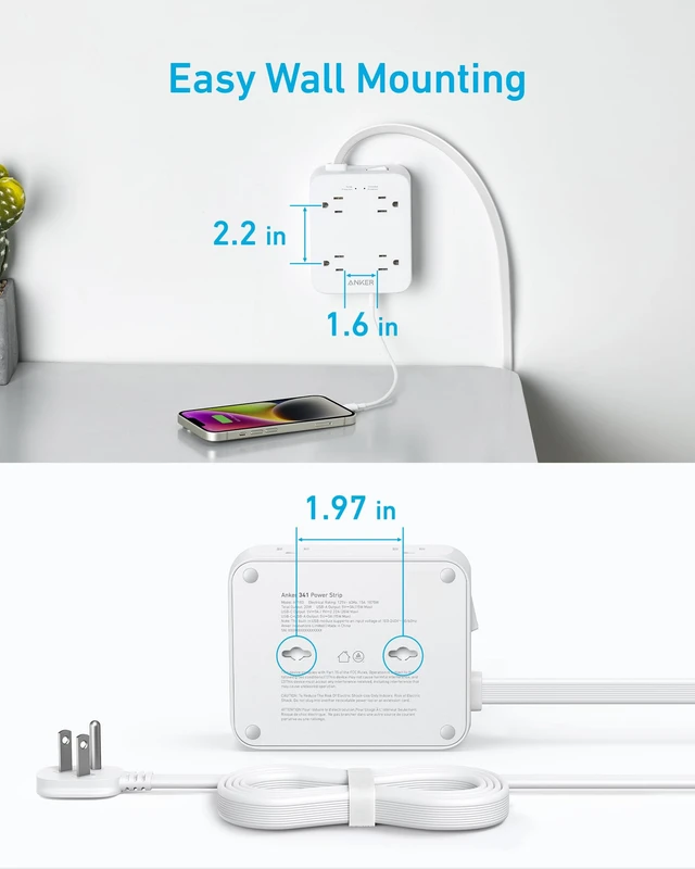 Alt view image 6 of 7 - Power Strip with 2000J Surge Protector, 10ft Outlet Extender, 20W 8AC (Pack of 2)