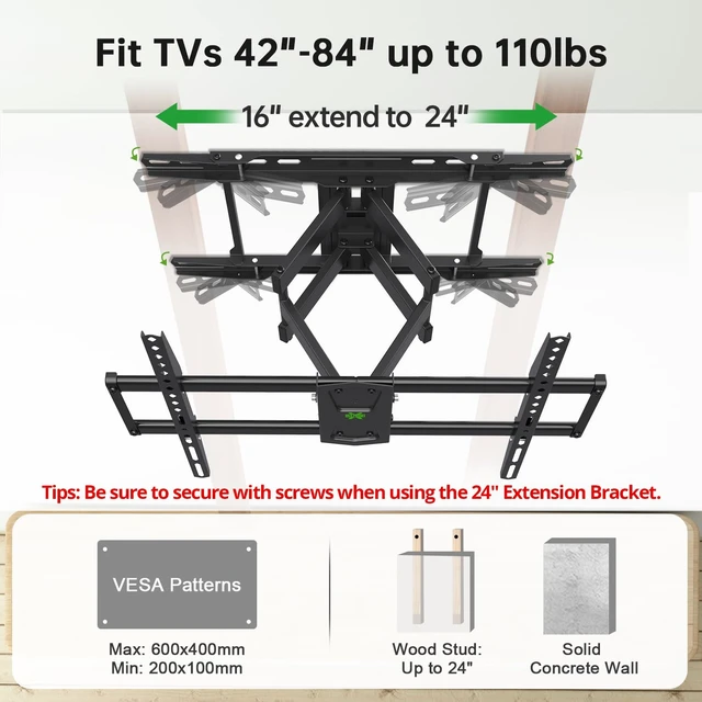 Alt view image 7 of 7 - Full Motion TV Wall Mount 42"-84" TVS, Fits 16" 18" or 24" Studs, Heavy Duty TV Mounts Bracket with Dual Articulating Arms Tilt Swivel Extension Max VESA 600x400mm, Weight Capacity 110lbs