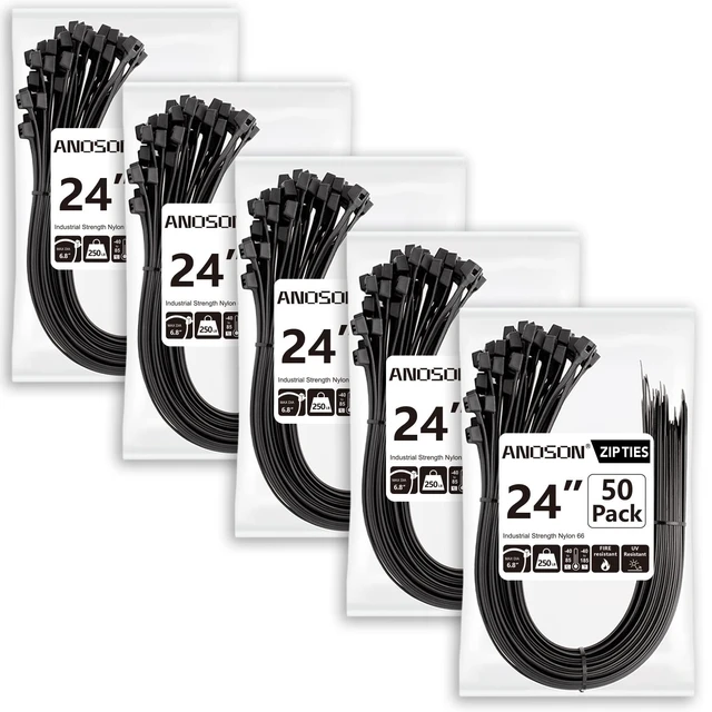 Main image of Large Zip Ties Heavy Duty Outdoor 24 inch (250 Pack), Heavy Duty Zip Ties 220 lbs, Black, by