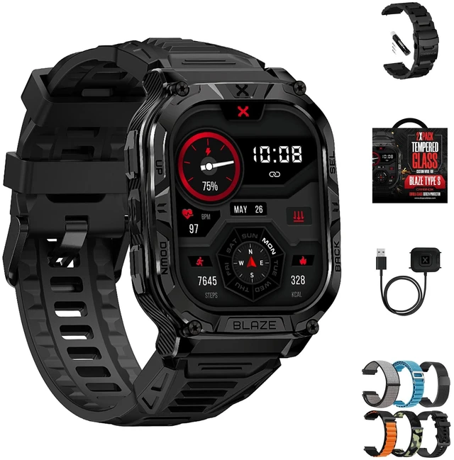 Main image of Blaze Smart Watch for Men Bundle, Fitness GPS, 6 Bands, Square Includes tempered glass, metal strap and charger; MIL-STD-810H tested, IP69K waterproof, compatible with Android and iOS