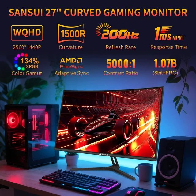 Alt view image 2 of 7 - 27 Inch WQHD 2560X1440 Curved Gaming Monitor 200Hz MPRT 1ms Computer Monitor,HDMI2.0 * 2, DP1.4 * 2,Freesync,Curved 1500R,5000:1 Contrast Ratio,120% sRGB,HDR(ES-G27C1Q DP Cable Incl.)
