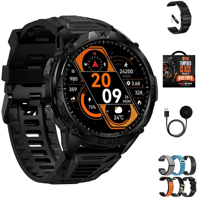 Main image of Blaze Smart Watch for Men Bundle, Fitness GPS, 6 Bands, Round Includes tempered glass, metal strap and charger; MIL-STD-810H tested, IP69K waterproof, compatible with Android and iOS