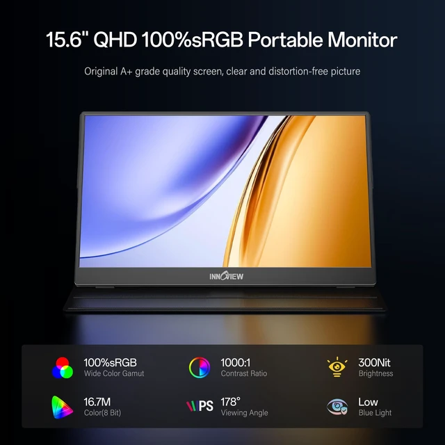 Alt view image 2 of 7 - 2K Portable Monitor for Laptop 15.6" 2560×1440 QHD 100% sRGB Built-in Speaker USB C Standard HDMI External Second Screen for Mac Laptop Phone PS4/5 Xbox Switch