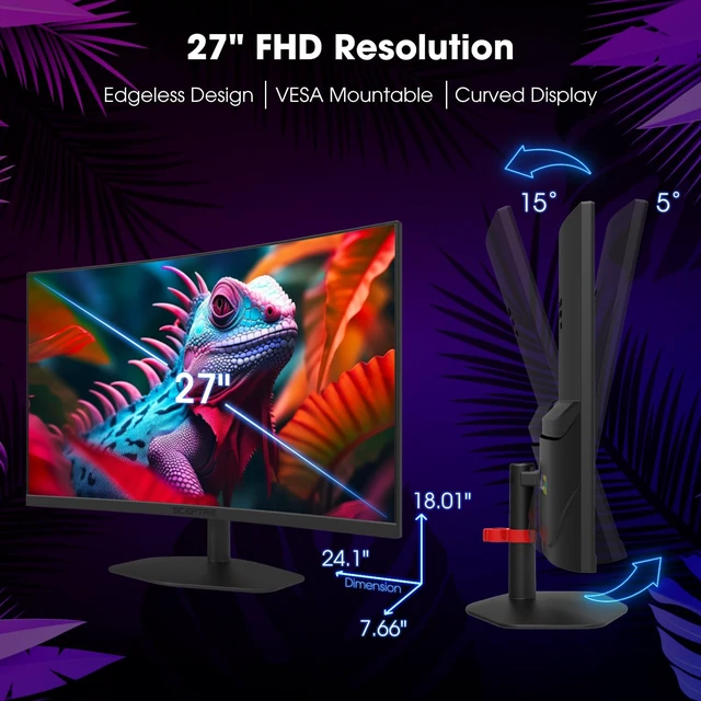 Alt view image 6 of 7 - Curved 27-inch Prime Gaming Monitor 1500R 100Hz HDMI X2 DisplayPort 1ms 100% sRGB, Build-in Speakers Machine Black 2025 (C275W-FW100T Series)