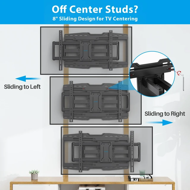 Alt view image 2 of 7 - Full Motion TV Wall Mount Sliding Stud for 70 75 85 86 90 Inch TVs Fit 42-97" TV, Hold 150lbs, Swivel +/-45°, Tilt +5/-15°, Level +/-3°, 19.09" Arm Extension, VESA 600x400mm, Fit 16"/24" Stud