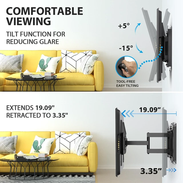 Alt view image 4 of 7 - Full Motion TV Wall Mount Sliding Stud for 70 75 85 86 90 Inch TVs Fit 42-97" TV, Hold 150lbs, Swivel +/-45°, Tilt +5/-15°, Level +/-3°, 19.09" Arm Extension, VESA 600x400mm, Fit 16"/24" Stud
